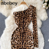Bodycon Dress Women Sexy Diagonal Collar One Shoulder Slim Club Party Dress Spring Off Shoulder Leopard