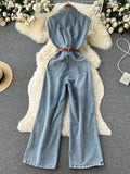 Ripped Loose Denim Jumpsuit Pocket Sleeveless Single Breasted Women Streewear Vinage Sashes Slim Long Straight