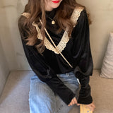 Lace Blouses Ruffle Patchwork Women Black Shirts Korean Vintage Turtleneck Elegant Ladies Tops Blusa Mujer De Moda