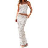 Piece Skirt Sets Womens Outfits Floral Print Sleeveless Crop Top Slim Fit Tube Tops and Long Skirt y2k Clothes Party