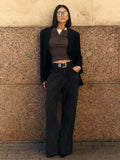 Buttoned Long Sleeve Solid Top-Outfit