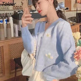 Embroidery V-neck Knitted Elegant Cardigans Women Korean Fashion Oversized Sweater Spring Long Sleeve Top Kawaii