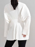 Fashion Women's Dress V-neck Long Sleeve Metal Buckle Belt Waist Knee-length Pleated White Dresses Female Spring 2023