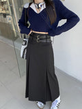 Vintage Belt Long Skirt Women Autumn 90s Aesthetic Streetwear Y2k High Waist Slim A-line Pleated Skirt Korean