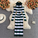 Women Retro Stripe Knitted Dress Sexy Off Shoulder Long Sleeve Slim Dresses Autumn Winter Bodycon Korean Sweater