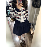 Color Design Sense Retro Striped Knitted Cardigan Women's Spring And Summer College Style Sweater Tibetan Blue Short Skirt Two-Piece