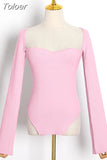 2023 New Autumn Sexy Stylish Sqaure Collar Full Sleeves Knitting Pullover Sexy Slim T-shirt Female Top