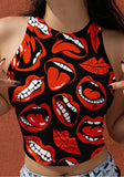 O-Neck Lip Print Short Crop Tank