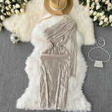 Sexy Sequins Irregular Party Bodycon Dress Women Spring Autumn Long Sleeve Half Open Collar One Shoulder Vestidos Female
