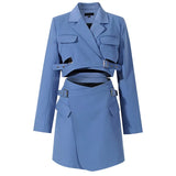 Women Blue Cross Buckle Hollow Out Blazer Dress New Lapel Long Sleeve Loose Fit Fashion Tide Spring Autumn 2023