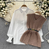 Style Suit Women's Casual Long-Sleeved Shirt + Waist V-Neckless Knitted Vest Two-Piece