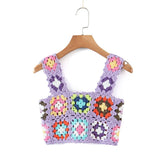Women Multicolor Crochet Tank Top Sexy Square Neck Sleeveless Holiday Summer Crop