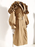 Fashion Women's Trench Coat Lapel Single Breasted Shoulder Ruffle Long Sleeve Belt Windbreaker Autumn 2023 New