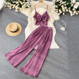 Summer Women Pleated Two Piece Set Sexy Female Criss Cross Twist Strap Tops + High Waist Draped Pants Beach Suits Vacation