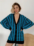 Sexy long cardigan women Winter fall houndstooth plaid knitted sweater V neck casual Single Breasted streetwear