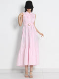 White Dress For Women Lapel Sleeveless Patchwork Folds Sashes Lace Up Dresses Female 2022 Summer Fashion