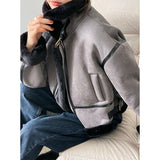 Women's Fuzzy Fur Lined Zipper Motorcycle Suede Jacket Striped Trim Autumn Winter 2022 Solid Vintage Short Loose Padded