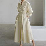 Women Beige Pleated Long Big Size Elegant Dress New Lapel Long Sleeve Loose Fit Fashion Tide Spring Autumn 2023
