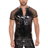 Toloer Men's PVC Bright Leather Jacket, Sexy Slim Short Sleeve Leather Jacket Size Accurate No Smell-Outfit