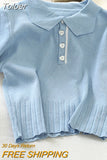 Summer 2023 Women's Polo Shirts Slim Cute Crop Tops Female Button Up T-shirt Knitted Blouses Femme Short Sleeve Polo