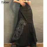 Dark Academic Midi Skirts Women Y2K Harajuku Dragon Print Grunge Fairycore Skirt Gothic Bnadage High Waist Black