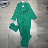 Blue Three Piece Sets For Women Sexy Camis Notched Long Sleeve Belt Shirt High Waist Pants Slim Sets Female