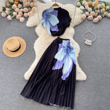 Vacation Beach 2pcs Set Women Floral Printed Short Sleeve Tops And High Waist Pleated Long Skirt Suit Spring
