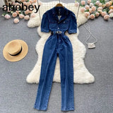 Summer Vintage Denim Playsuits Women's Short Sleeve Bodycon Casual Long Rompers Jumpsuit Jeans Overalls For
