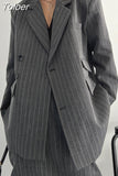 Fashion Women's Notched Collar Spliced Diagonal Buckle Striped Blazer Loose High Waist Grey Skirt Spring 2023 New