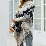 Autumn Winter Fringe Poncho Women Sweater Oversized Turtleneck Jumper Knitwear Holiday Vintage Cape Batwing Sleeve