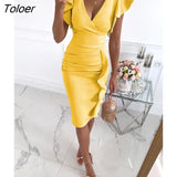 V-Neck Slim Office Lady Dress Ruffle Short Sleeve Bodycon Knee-length Dresses For Women 2022 Casual Summer Woman Work