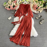 Women Bandage Two Piece Set Spring Autumn Solid Blue/Red/Green Long Sleeve Short Tops And High Waist Split Pants Female Suit