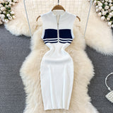 Collar Striped Knitted Vest Dress Summer High-End Sensiastic Hottie Sexy Slimming Bag-Butt