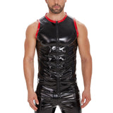 Toloer Men's Mirror PU Bright Leather Round Collar T-Shirt Slim Leisure Waterproof Sleeveless Vest No Smell-Outfit