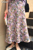 Philosophy Women Elegant Floral Print Long Beach Purple Skirt Vintage Mujer Maxi Retro Elastic High Waist A-line