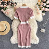 Women Knitted Dress Korean O Neck Short Sleeve Elastic Pencil Dress Summer Sexy Slim Streetwear Short