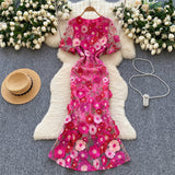 High-End Elegant Heavy Industry Flower Embroidery Round Collar Lantern Sleeves To Close The Waist Slim Slimmed Fishtail Dress