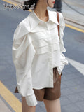 Casual Blouses For Women Lapel Loose Long Lantern Sleeve Single Breasted Patchwork Shirring Open Stitch Female