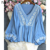 Long Sleeve Pullovers Female Fashion Chic V-neck Loose Floral Embroidered Shirts For Women Boho Casual Beach Blouses