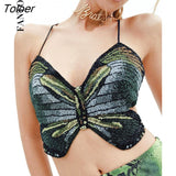 Halter Butterfly Print Tank Tops Women Sexy Sleeveless Elegant Party Outfits Summer Tie Up Irregular Suspender Crop