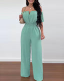 Jumpsuit Off Shoulder Shirred Waist Jumpsuits Summer 2023 Women Wide Leg Pants Playsuits High Waist Overalls