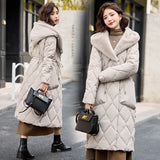 2024 New Diamond Lattice Loose Waist Down Cotton-Padded Coat Female Long Money Over The Knee Thick Cotton-Padded Jacket Winter Cotton-Padded Coat-Outfit