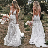 party dress gift 2022 Vintage Mermaid Spaghetti Wedding Dress V-neck Backless Lace Appliques 3D Flowers Elegant Bride Gown With Train Custom