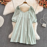 V-neck Loose Lantern Sleeve Mini Dress Fashion Blue Summer Women A-line dress 2022 Solid retro high waist