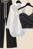 Summer New Lace Suspender White Shirt Wide Leg Pants Three-piece Elegant Women Pants Set Summer Outfits