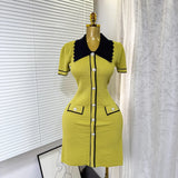 Retro Trendy Polo Collar Short-Sleeved Dress Women's Summer Metal Buckle Waist Thin Knitted