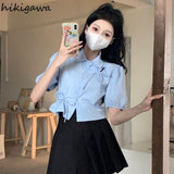 Blusas De Mujer Puff Sleeve Tunic Bow Blouses Women Clothing Crop Tops Hollow Out Folds Summer Shirts Chic Vintage