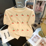Women Sweet Flower Short Sleeve Cherry Embroidery Knitted Sweater Summer Korean Fashion Y2K Casual Pullover Ladies