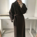 Aachoae Women Elegant Long Wool Coat With Belt Solid Color Long Sleeve Chic Outerwear Ladies Drop Shoulder Overcoat