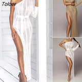 Women Maxi Dress Single Shoulder Hollow Out Sundress Sexy Off Shoulder Knitted Slim Sundress for Parties Female